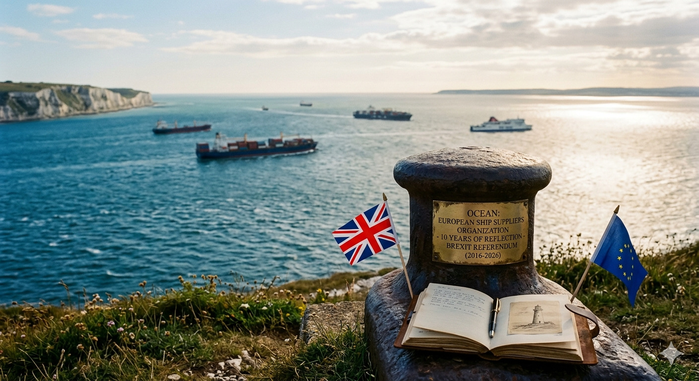 This image features symbolic elements, such as the White Cliffs of Dover and flags of the UK and the EU